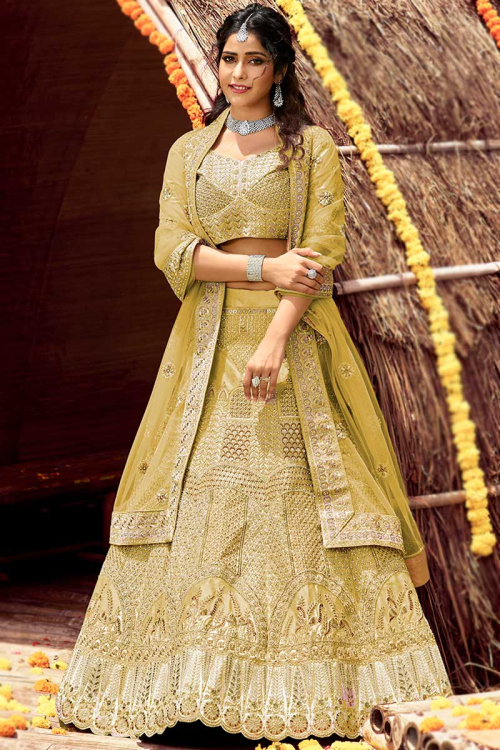 Embroidered Velvet Mustard Yellow Lehenga