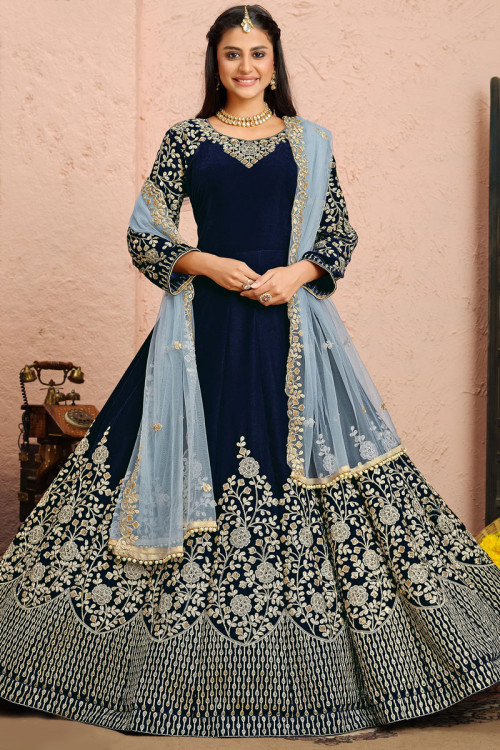 Embroidered Velvet Prussian Blue Wedding Wear Anarkali Suit