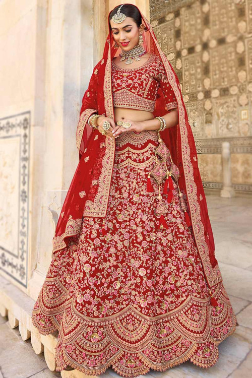 Red Designer Bridal Long Trail Lehenga Choli with Golden Embroidery -
