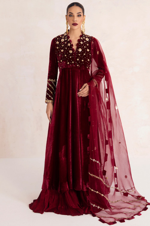 Embroidered Velvet Wine Red Anarkali Suit