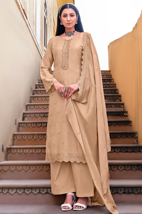 Embroidered Viscose Beige Straight Cut Palazzo Suit 