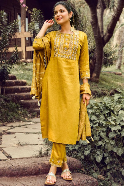 Embroidered Viscose Chinnon Mustard Yellow Trouser Suit