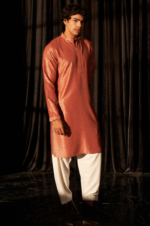 Embroidered Viscose Coral Pink Festival Wear Men's Kurta Pajama