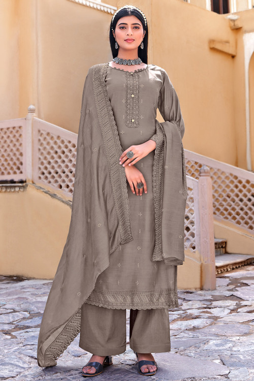 Embroidered Viscose Grey Beige Straight Cut Palazzo Suit 