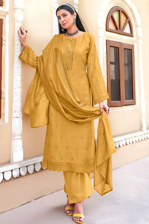 Embroidered Viscose Mustard Yellow Straight Cut Palazzo Suit