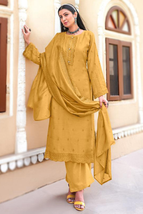 Embroidered Viscose Mustard Yellow Straight Cut Suit