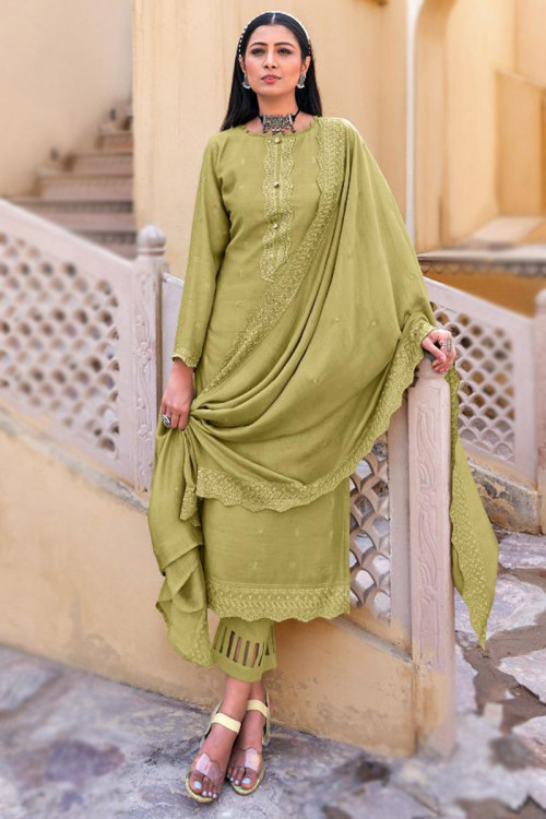 Embroidered Viscose Olive Green Trouser Suit