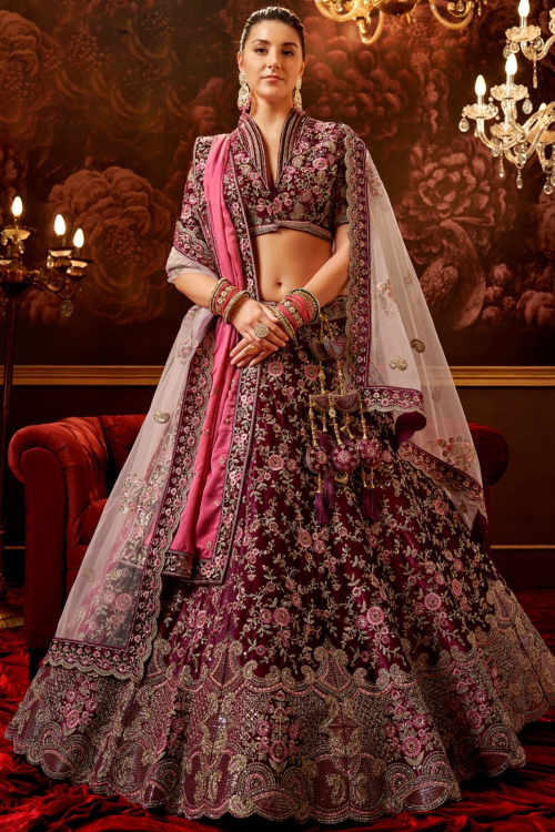 Embroidered Wine Maroon Velvet Panelled Style Lehenga
