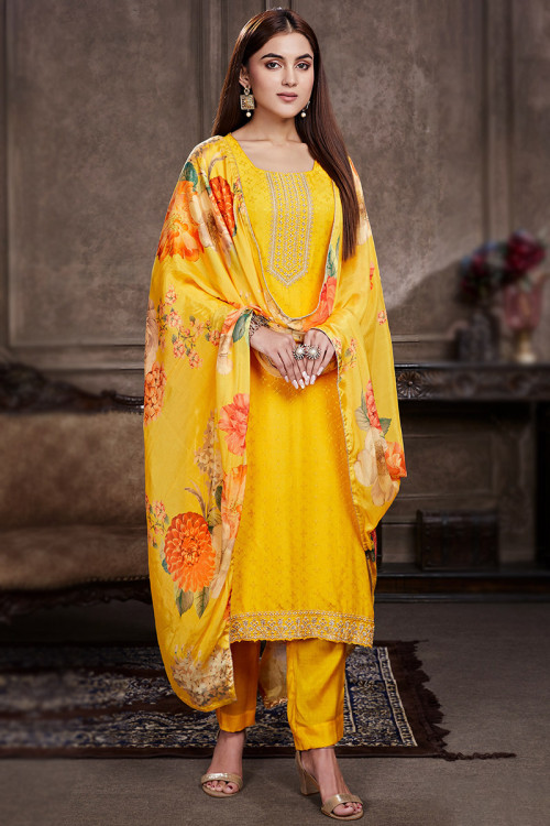 Embroidered Yellow Muslin Silk Trouser Suit