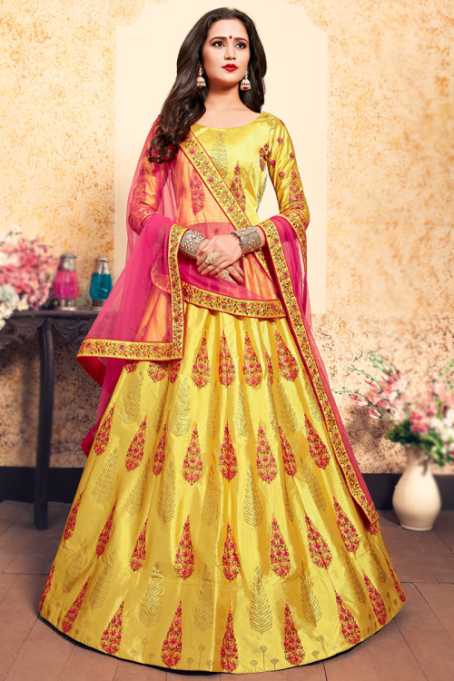 Embroidered Yellow Satin Panelled Lehenga