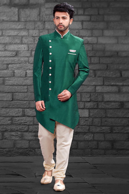 Emerald Green Art Silk Churidar Men Sherwani