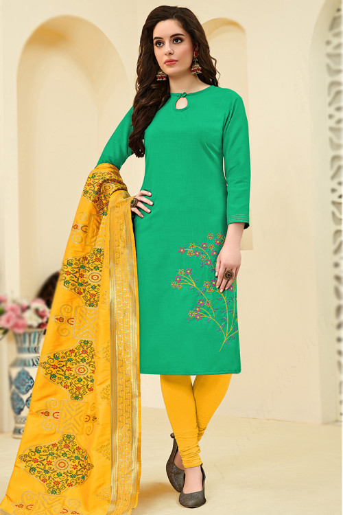 Emerald Green Cotton Embroidered Churidar Suit