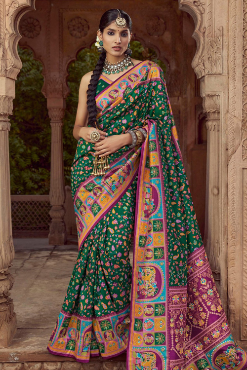 Emerald Green Cotton Silk Broad Border Saree With Printed Work