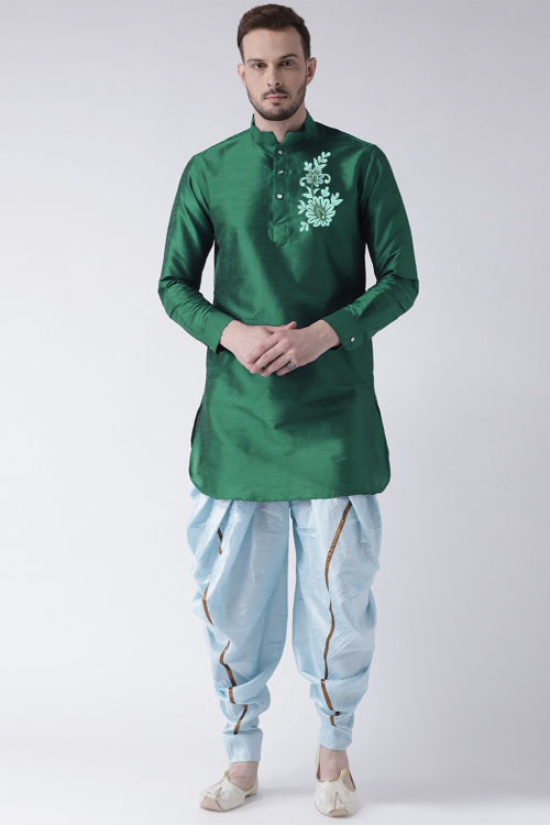 Emerald Green Dupion Silk Embroidered Straight Cut Kurta 