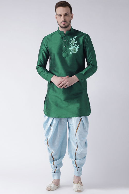 Emerald Green Dupion Silk Embroidered Straight Cut Men's Kurta Dhoti 