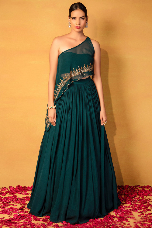 Emerald Green Embroidered Indo-Western Crepe Lehenga Set for Weddings