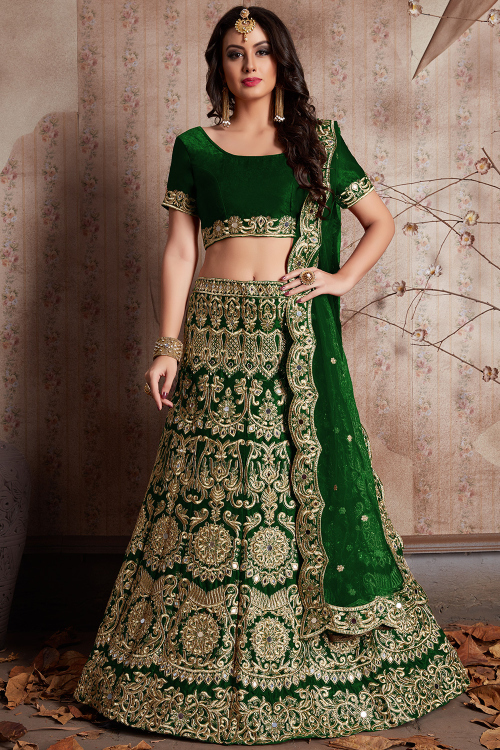 Emerald Green Embroidered Velvet Panelled Style Lehenga