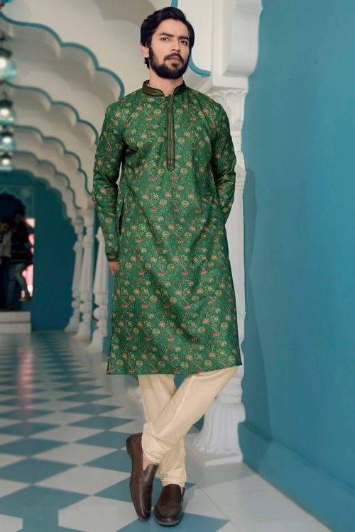 Emerald Green Floral Print Cotton Silk Straight Cut Men's Kurta Pajama