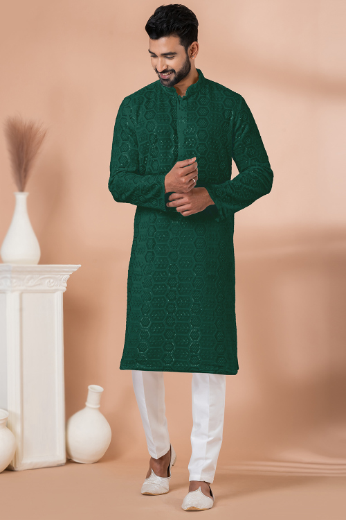 Emerald Green Georgette Men's Kurta Pajama With Sequins Work