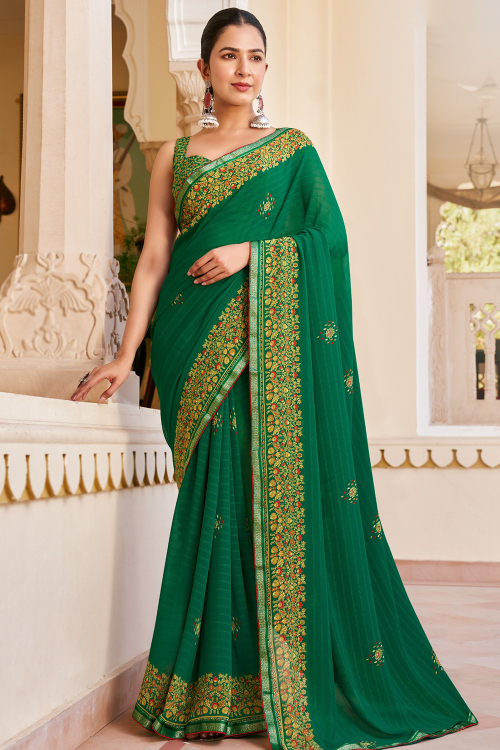 Emerald Green Georgette Printed Saree For Festival
