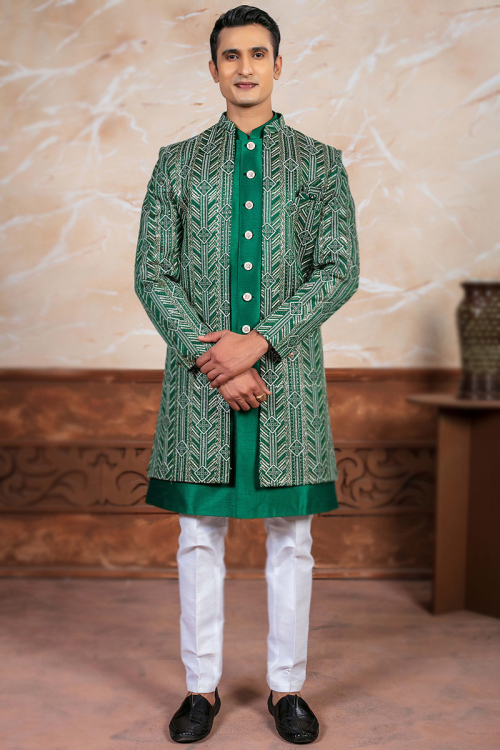 Emerald Green Jacket Style Silk Embroidered Men's Sherwani For Mehndi 