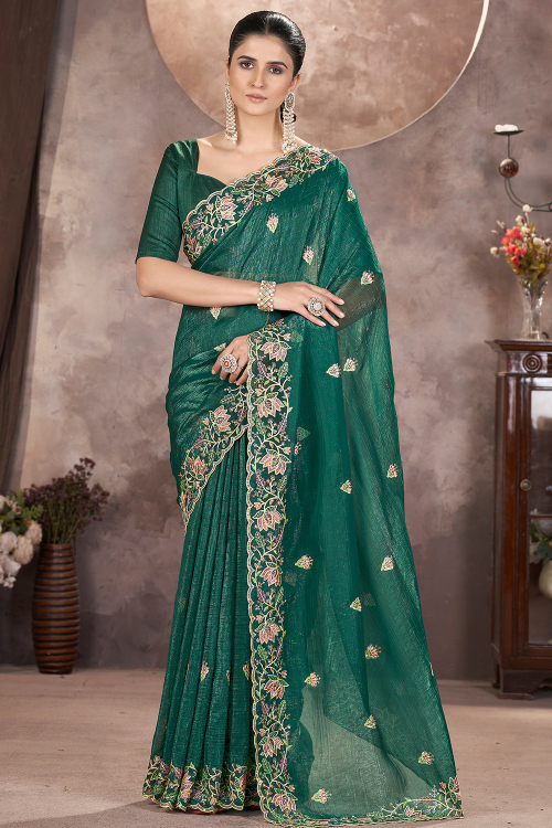 Emerald Green Organza Silk Embroidered Saree For Festival