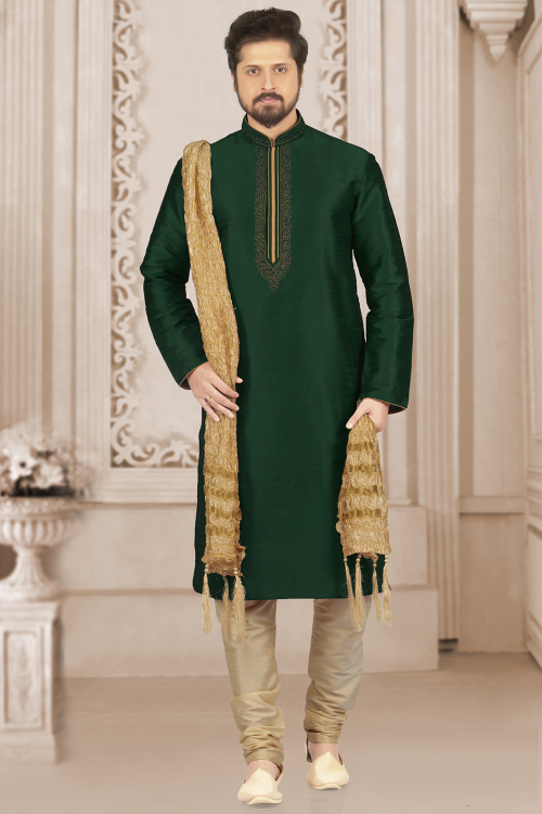 Emerald Green Silk Kurta Pajama with Resham Work for Diwali