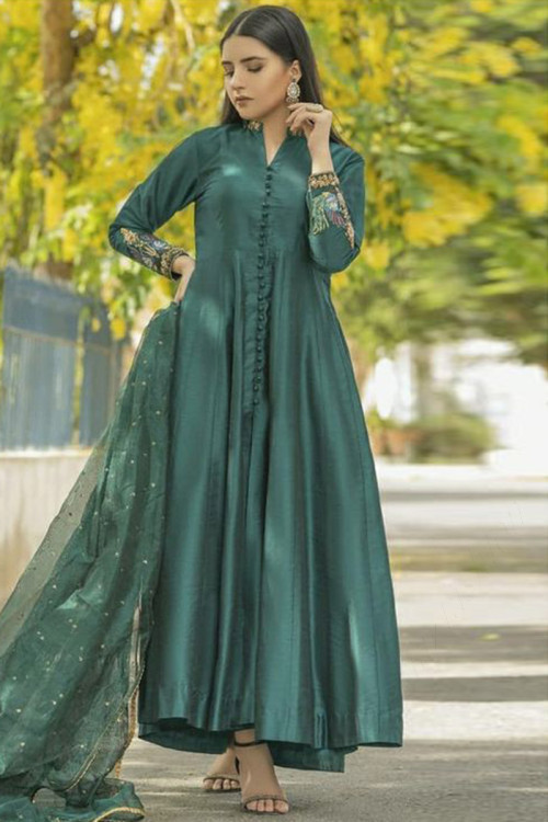 emerald green silk pakistani anarkali suit lstv115496 1