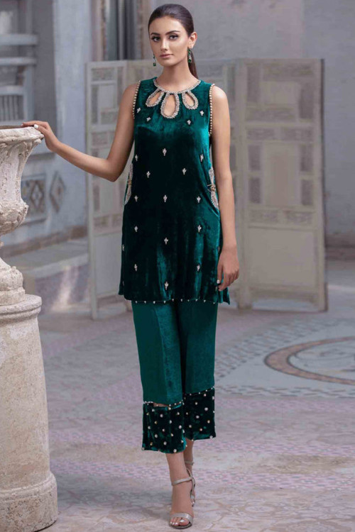 Emerald Green Velvet Embroidered Party Wear Trouser Suit