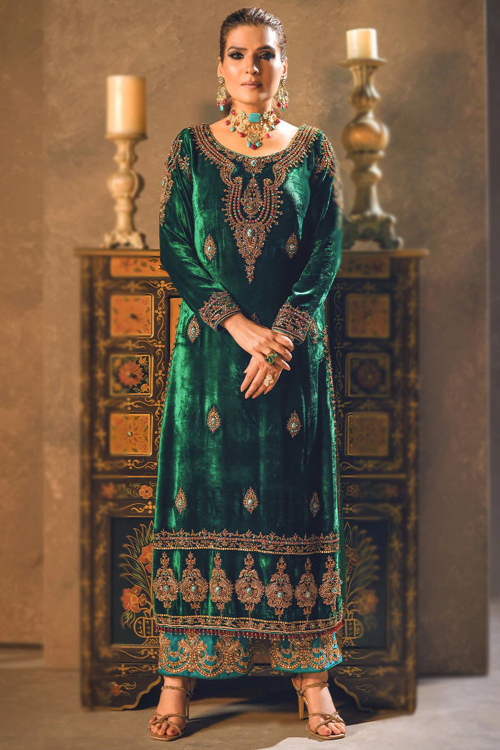 Emerald Green Velvet Embroidered Straight Cut Suit for Wedding & Party