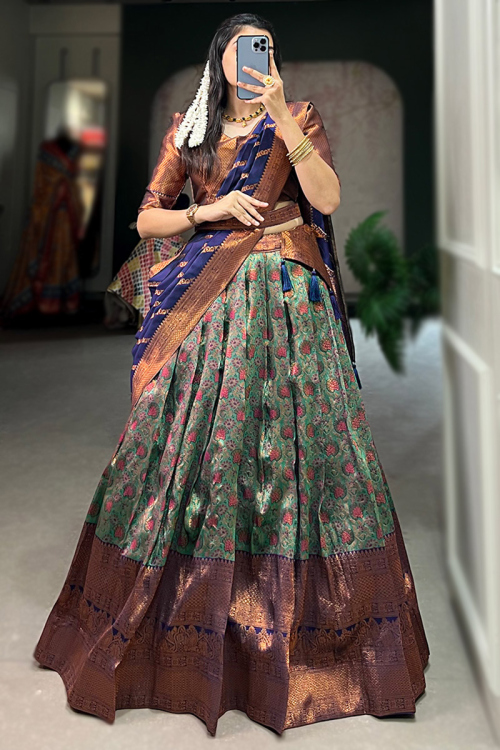 Emerald Green Weaved Zari Silk Flared Style South Indian Lehenga