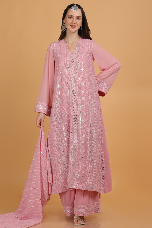 Ethnic Faux Mirror Embroidered Pink Georgette Palazzo Suit for Eid