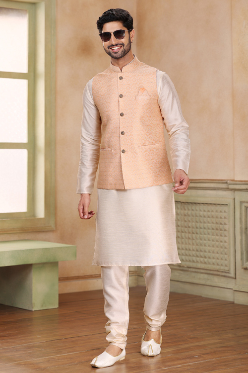 Ethnic Light Peach Dupion Silk Jacket Style Men's Kurta Churidar