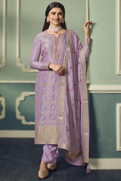 Ethnic Viscose Lavender Purple Trouser Suit With Woven Zari 