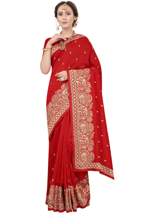Evening Wear Zari Embroidered Silk Red Saree