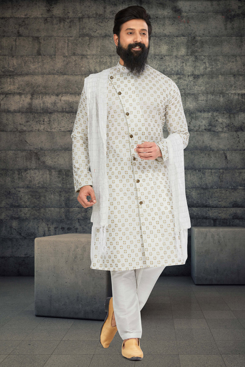 Exclusive Off-White Foil Print Cotton Men's Sherwani 