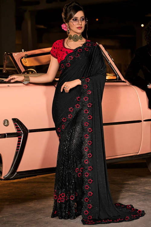 Black Color Silk Sequins Work Party Wear Plus Size Saree Blouse -4512155103