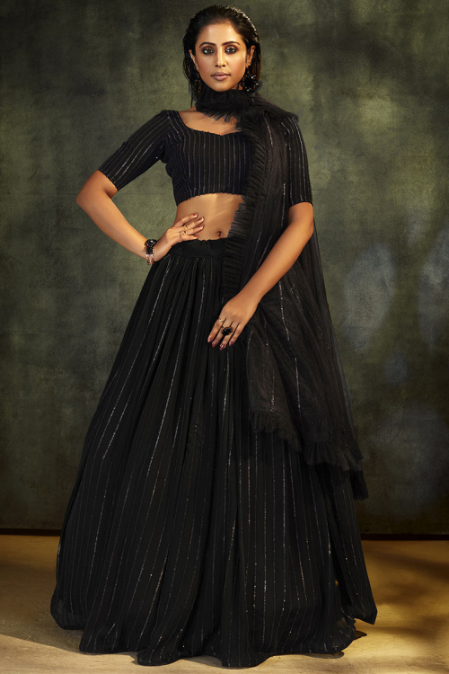 Fancy Embroidered Georgette Black Lehenga