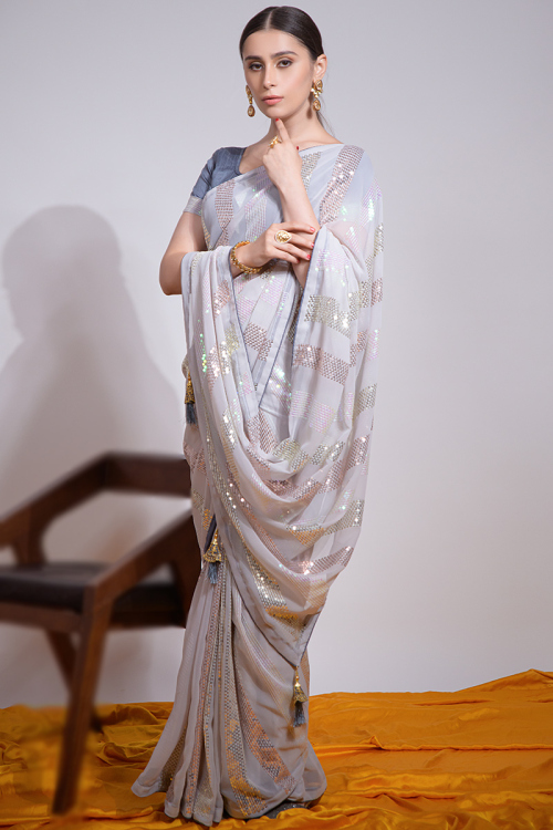 Fancy Georgette Light Grey Sequins Embroidered Saree 