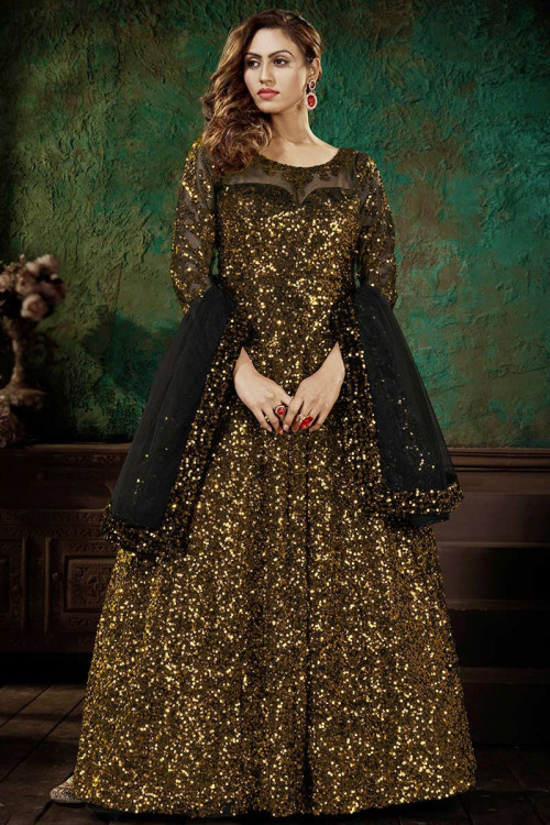 Fancy Gold-Net Sequins Embroidered Anarkali Suit