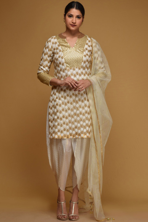 Fashionable Off White Festive Wear Net Patiala Suit for Eid