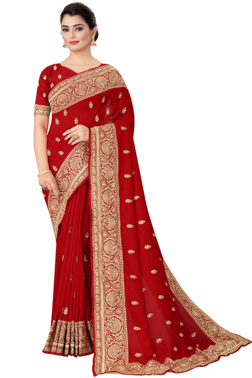 Red Zari Embroidered Georgette Saree