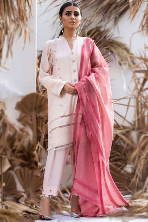 Faux Mirror Embroidered Bangalori Silk Pastel Pink Trouser Suit