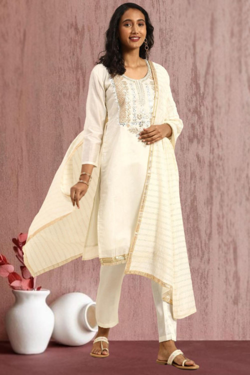Faux Mirror Embroidered Chanderi Silk Off White Trouser Suit