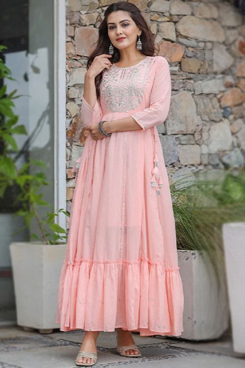 Faux Mirror Embroidered Cotton Pastel Pink Gown