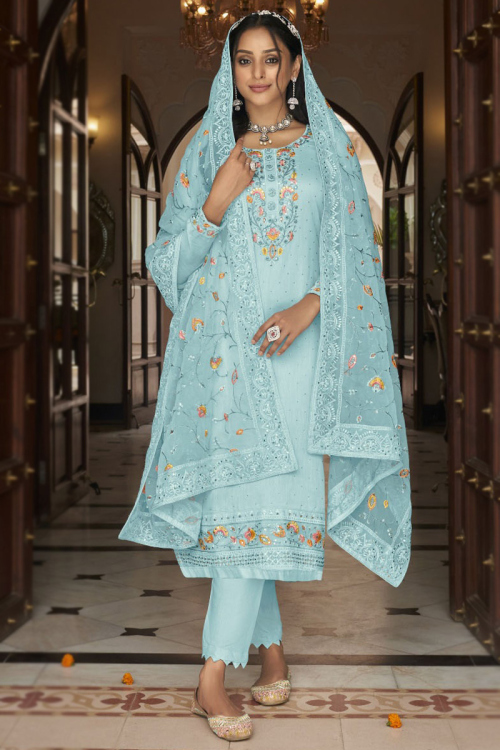 Faux Mirror Embroidered Georgette Mint Blue Trouser Suit