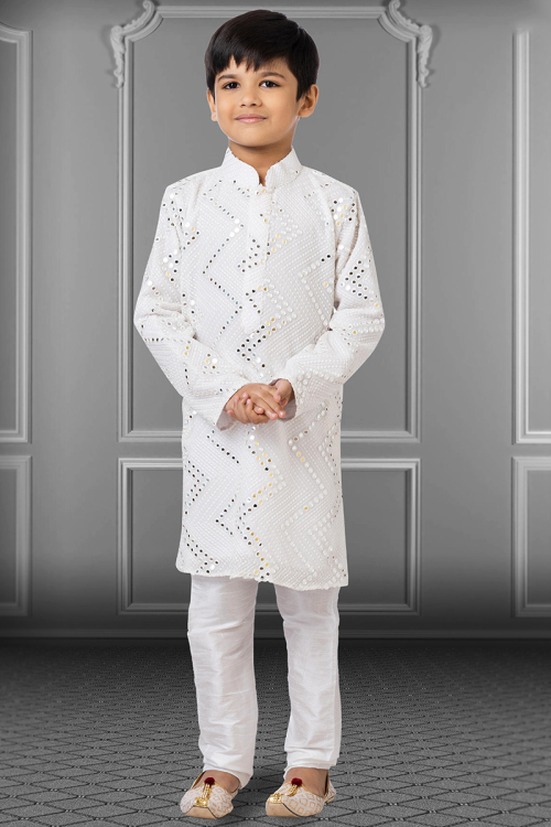 Faux Mirror Embroidered Georgette Off White kid's Kurta churidar
