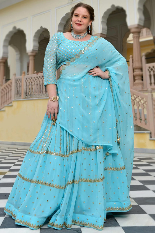 Faux Mirror Embroidered Georgette Sky Blue Lehenga