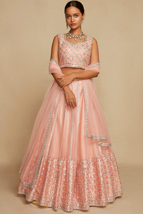 Faux Mirror Embroidered Net Light Pink Lehenga