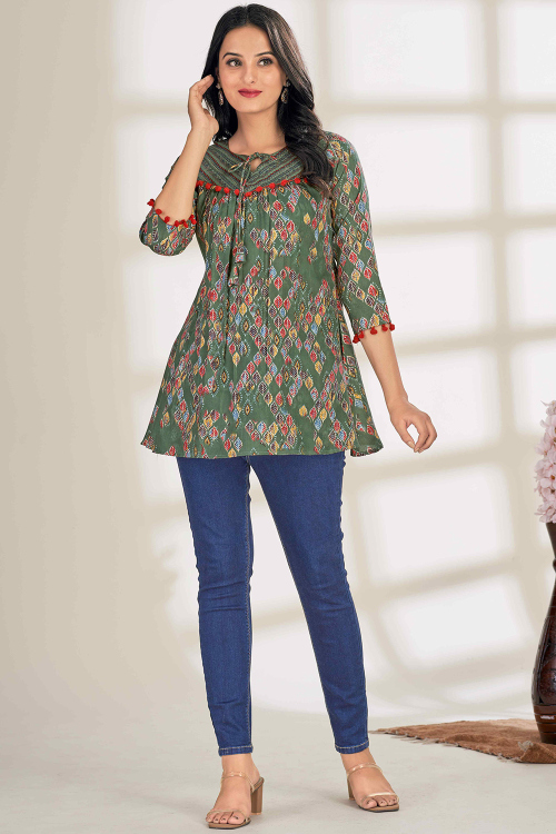 Fern Green Cotton Printed Short Casual Wear Kurti 